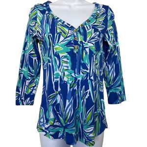 Lilly Pulitzer 3/4 Sleeve Henley Tunic Top Blue Green Tropical Resort‎ Beach XS